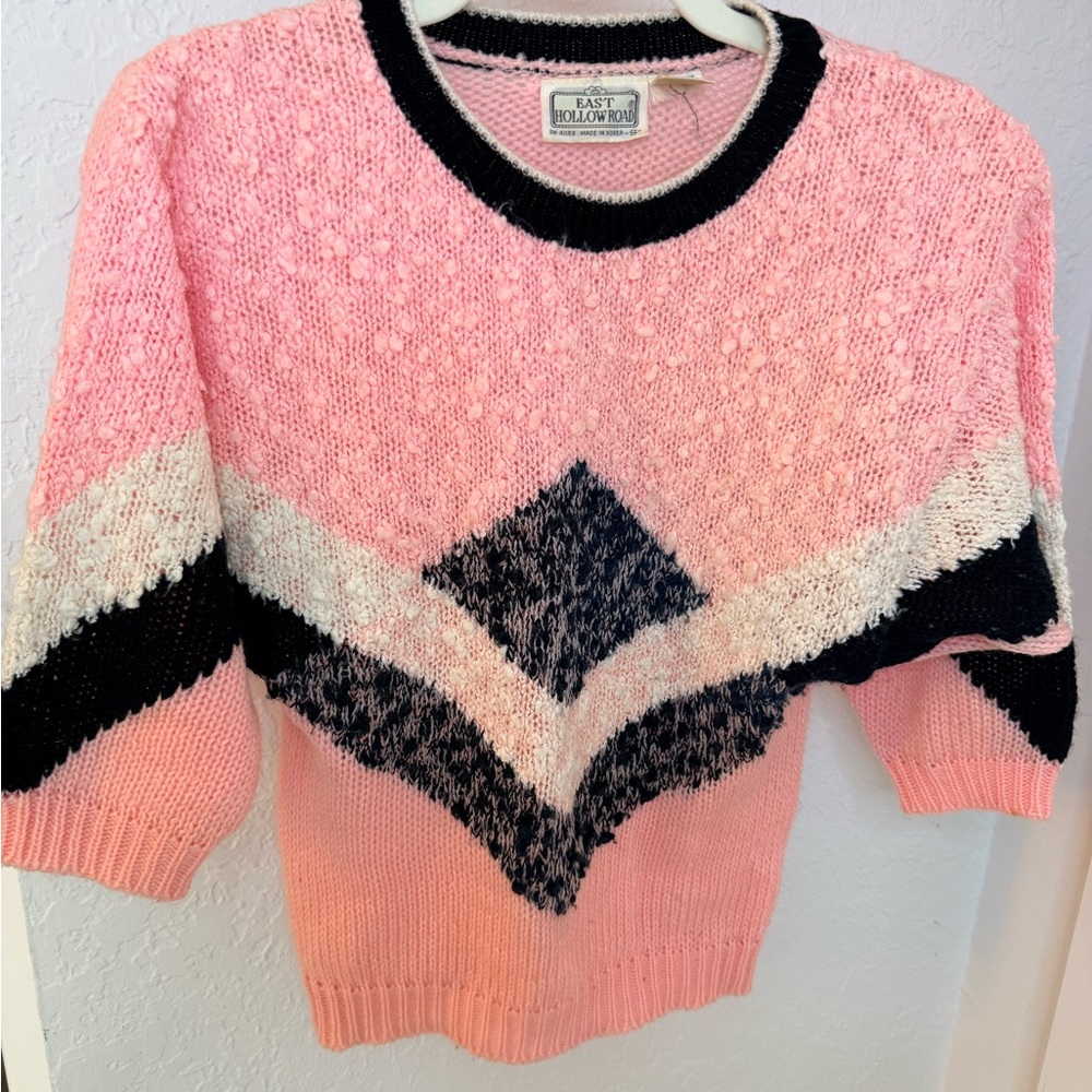 Vintage East Hollow Road Sweater Pink Black White Diamond Pattern Size S